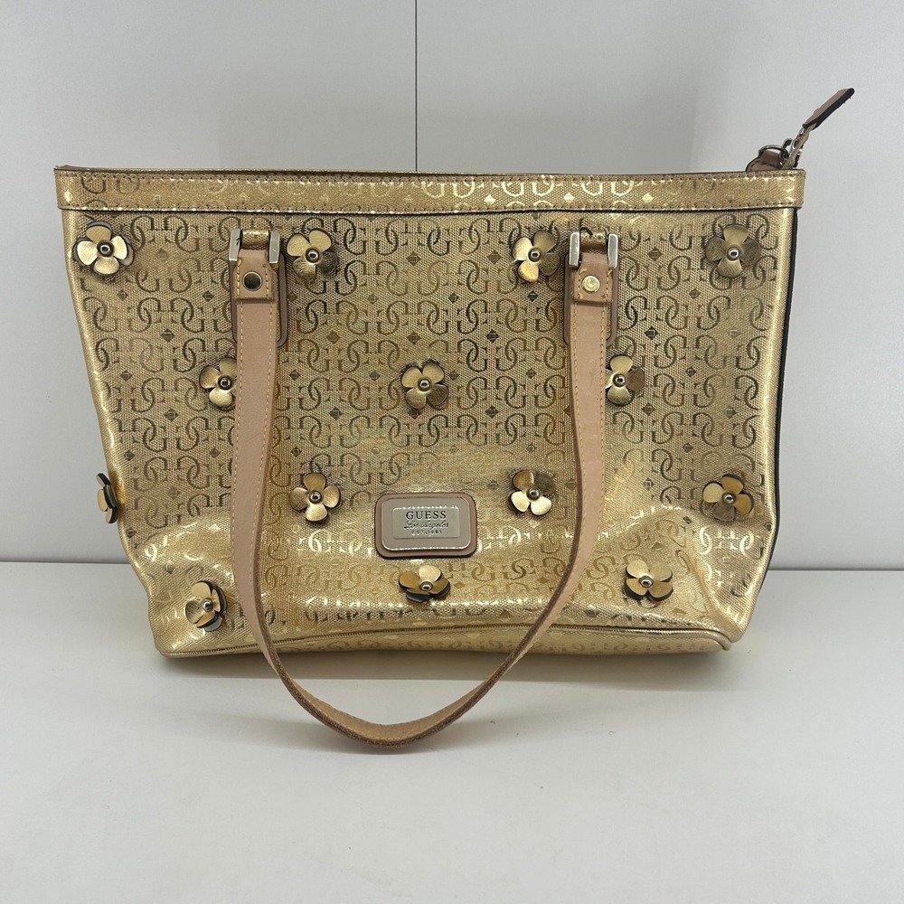 GUESS Womens Britton Tote Bag Gold Monogram Floral Zip Shoulder SM436822